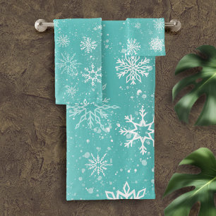 White Snowflakes Teal Bath Towel Set