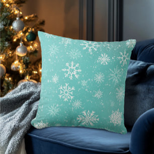 White Snowflakes Teal Cushion