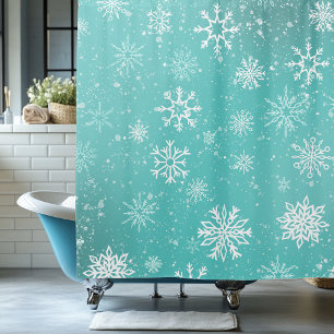White Snowflakes Teal Shower Curtain