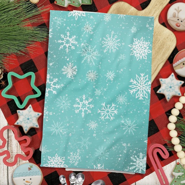 White Snowflakes Teal Tea Towel (Creator Uploaded)