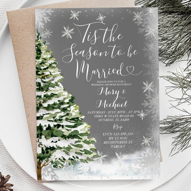 White Snowflakes Tis the Season to Be Married Tree Invitation (Creator Uploaded)