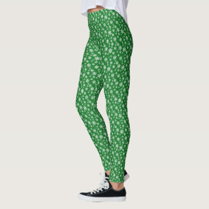 White Snowflakes w/Dark Green Background Leggings