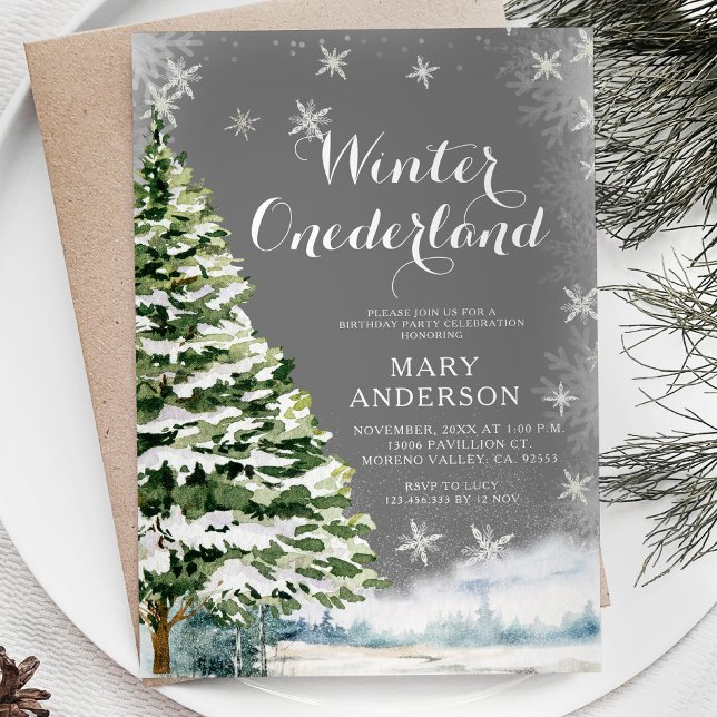 White Snowflakes Winter Onederland Birthday Tree Invitation (Creator Uploaded)