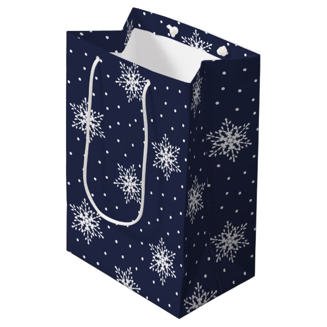 White Snowflakes with Polka Dots on Navy Blue Medium Gift Bag (Front Angled)