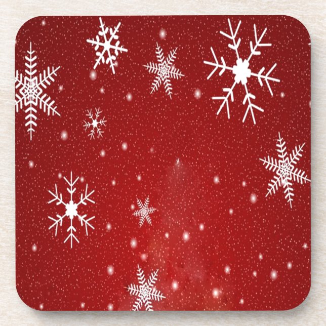 White Snowflakes with Red Background Coaster (Front)