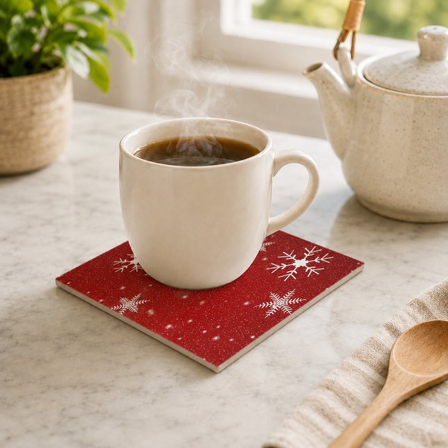 White Snowflakes with Red Background Tile (White Snowflakes with Red Background Tile)