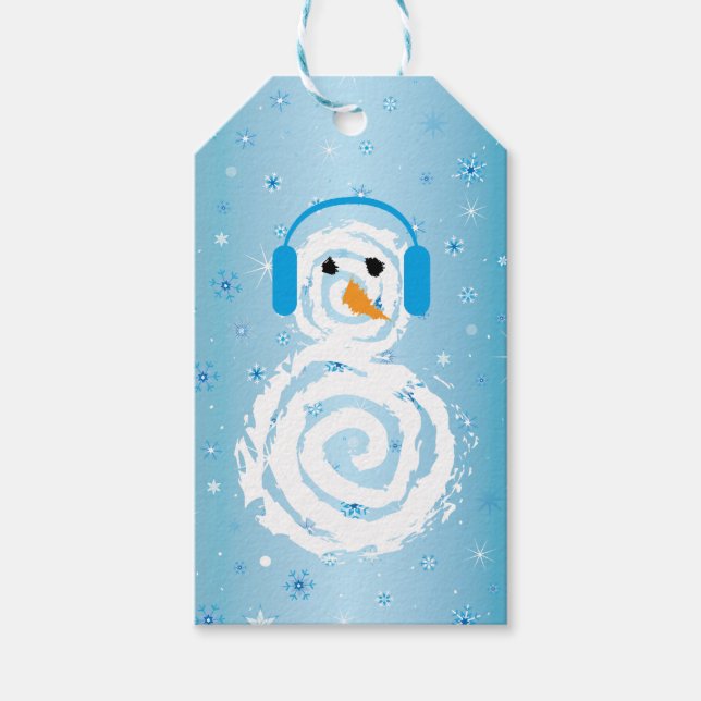 White Snowman Blue Snowflakes Christmas Gift Tag (Front)