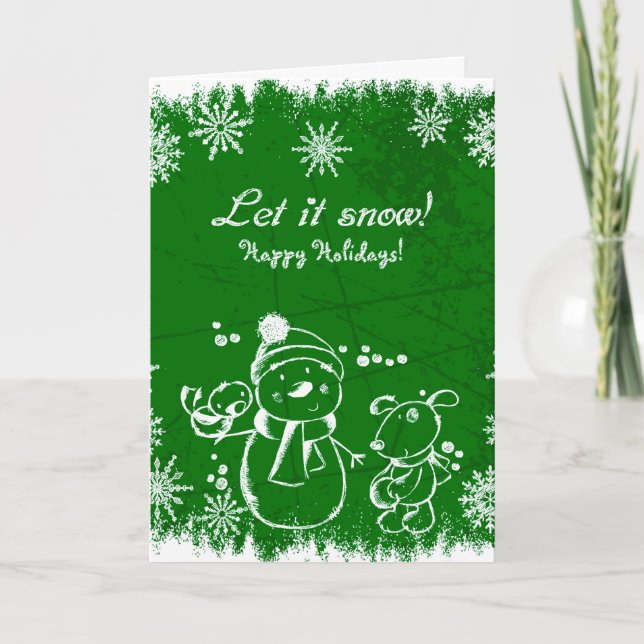 White Snowman Snowflakes And Dog Green Background Holiday Card (Front)