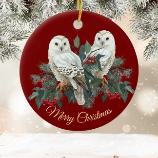 White Snowy Owls n Berries on Burgundy Christmas Ceramic Tree Decoration