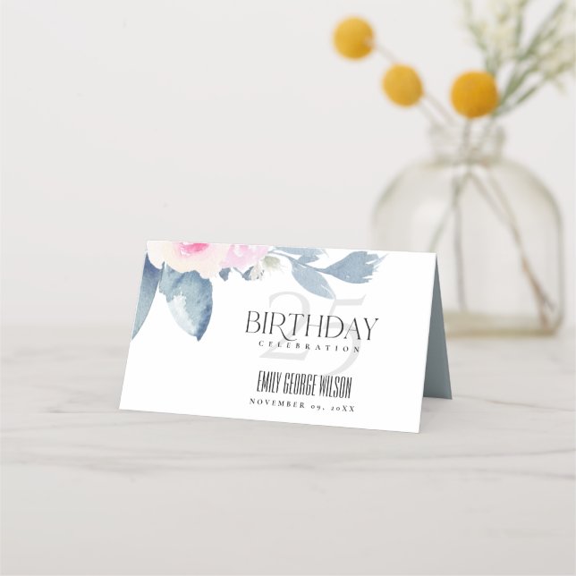 WHITE SOFT BLUSH BLUE FLORAL 25TH ANY AGE BIRTHDAY PLACE CARD (Back)