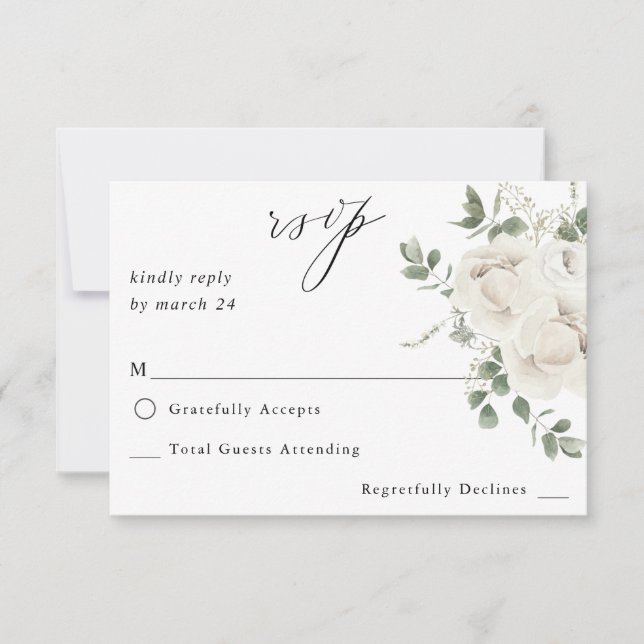 White Soft Floral & Eucalyptus no Meal RSVP (Front)
