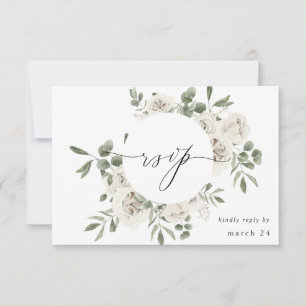 White Soft Floral & Eucalyptus w Meal RSVP 4 Card