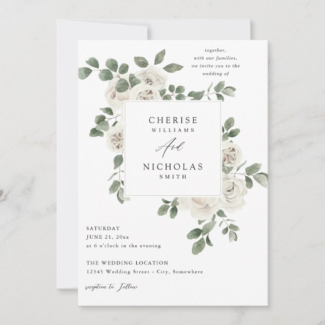 White Soft Floral Wedding Invitation (Front)
