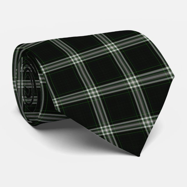 White Soft Green Black Tartan Plaid Tie (Rolled)