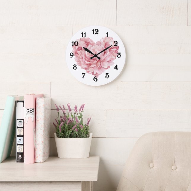 White Soft Pink Heart Flower Large Clock (Reading Room)