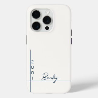 White Solid Colour Blue Name and Year iPhone 15 Pro Case