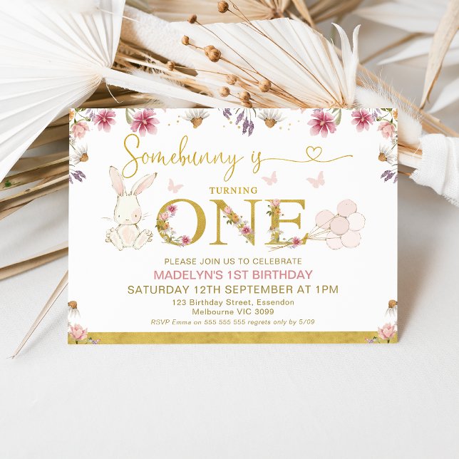 White Some Bunny Wildflowers 1st Birthday Invitation (Some bunny is turning one 1st birthday invitation with white bunny, wildflowers and gold word.)