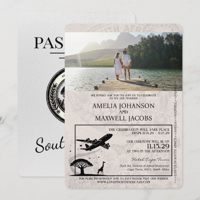 White South Africa Passport Wedding Invitation (Front/Back)