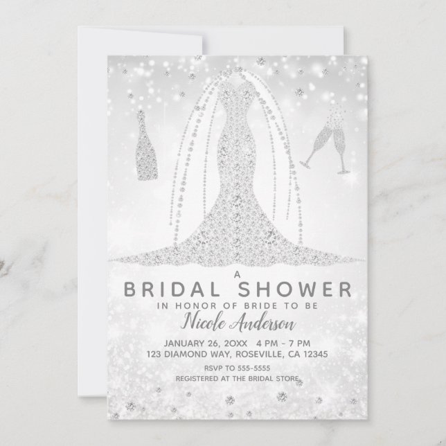 White Sparkle Diamond Wedding Dress Bridal Shower Invitation (Front)