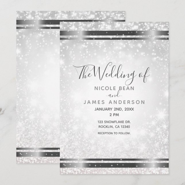 White Sparkle Elegant Winter Wonderland Wedding Invitation (Front/Back)