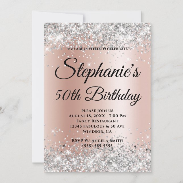 White Sparkle Silver Glitter Rose Gold Gradient Invitation (Front)