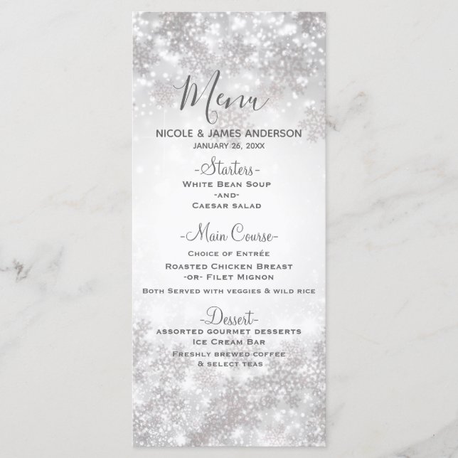 White Sparkle Snowflakes Winter Wedding Menu (Front)