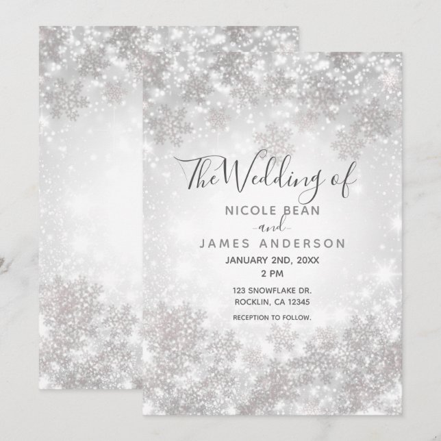 White Sparkle Snowflakes Winter Wonderland Wedding Invitation (Front/Back)