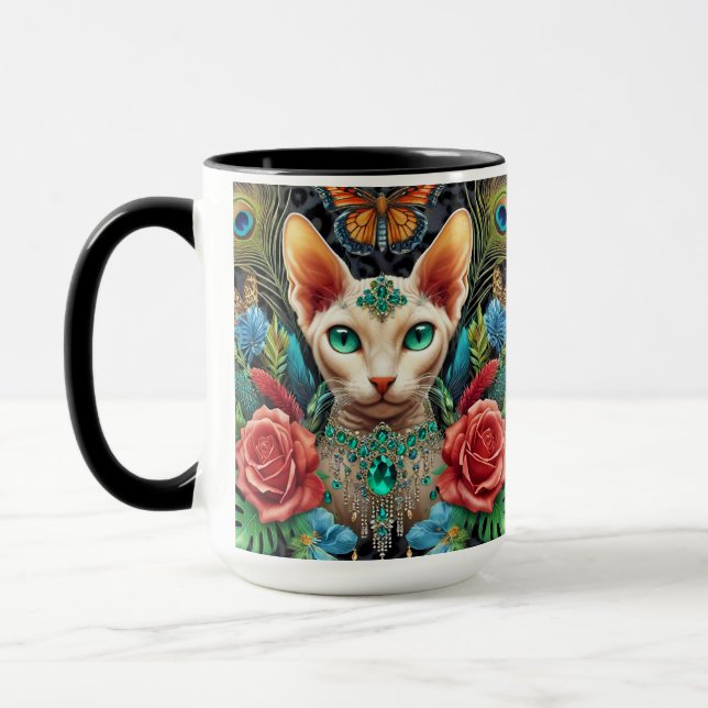 White Sphynx Cat Floral Art Mug (Left)