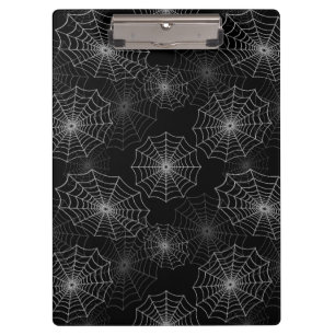 White Spider Web Cobweb Silk Pattern on Black Clipboard