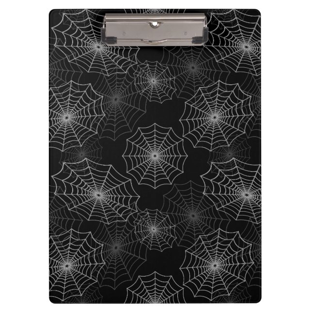 White Spider Web Cobweb Silk Pattern on Black Clipboard (Front)