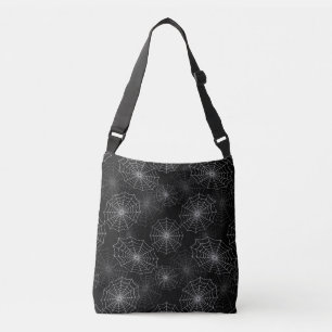 White Spider Web Cobweb Silk Pattern on Black Crossbody Bag
