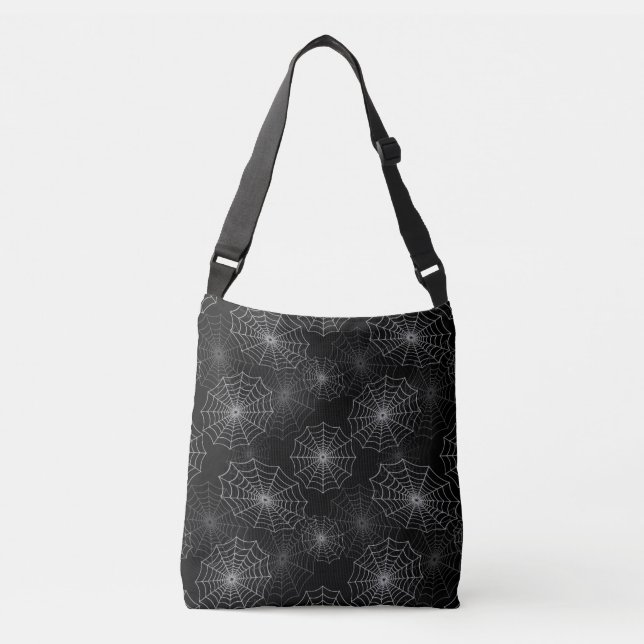 White Spider Web Cobweb Silk Pattern on Black Crossbody Bag (Front)