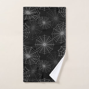 White Spider Web Cobweb Silk Pattern on Black Hand Towel