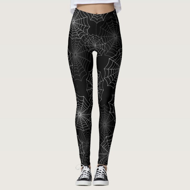 White Spider Web Cobweb Silk Pattern on Black Leggings (Front)