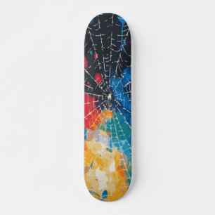 White Spider Web on Multi-Color Paint Splatter Skateboard