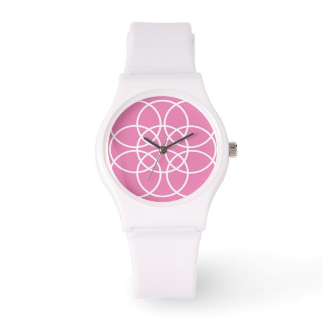 White Spiral Circles on Pink Watch (Front)
