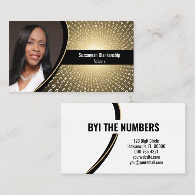 White Spiral Numbers on Gold Custom Photo  Business Card (Front/Back)