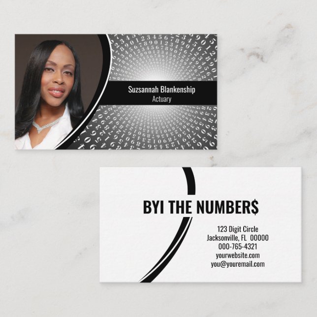 White Spiral Numbers on Grey Custom Photo  Business Card (Front/Back)