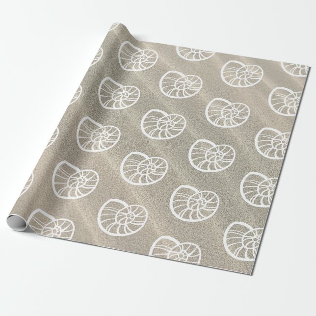 White Spiral Seashells & Sand Wrapping Paper (Unrolled)