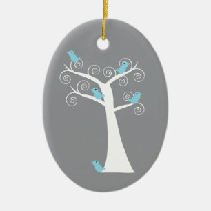 White Spiral Tree with Blue Birds Nature Art Ceramic Tree Decoration