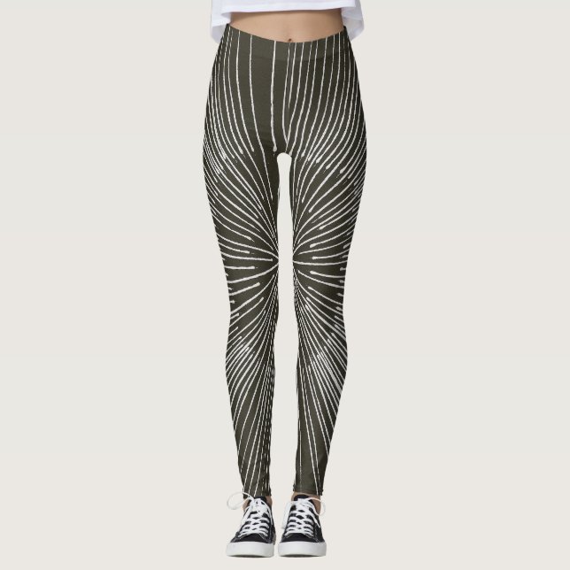 White spokes circular pattern on black, leggings (Front)