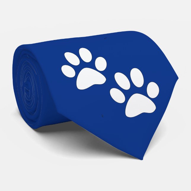 White Sports Mascot Paw Prints On Dark  Blue Tie (Rolled)