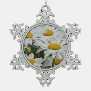 White spring daisies snowflake pewter christmas ornament
