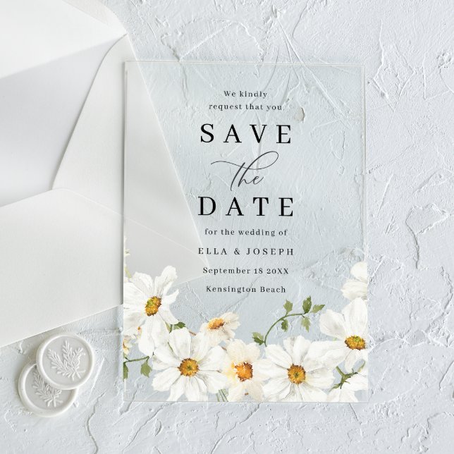 White Spring Floral Wedding Save The Date Acrylic Invitations (Creator Uploaded)