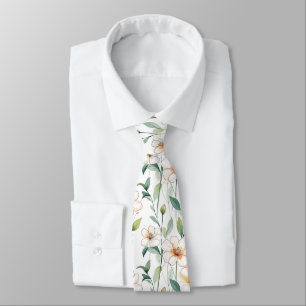 White Spring Flowers Floral Pattern Tie