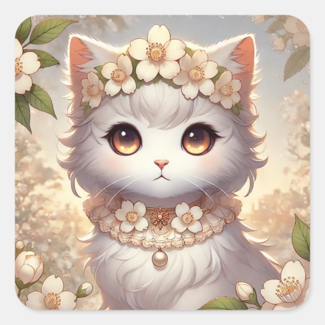 White Spring Flowers Princess Cat Square Sticker (Front)