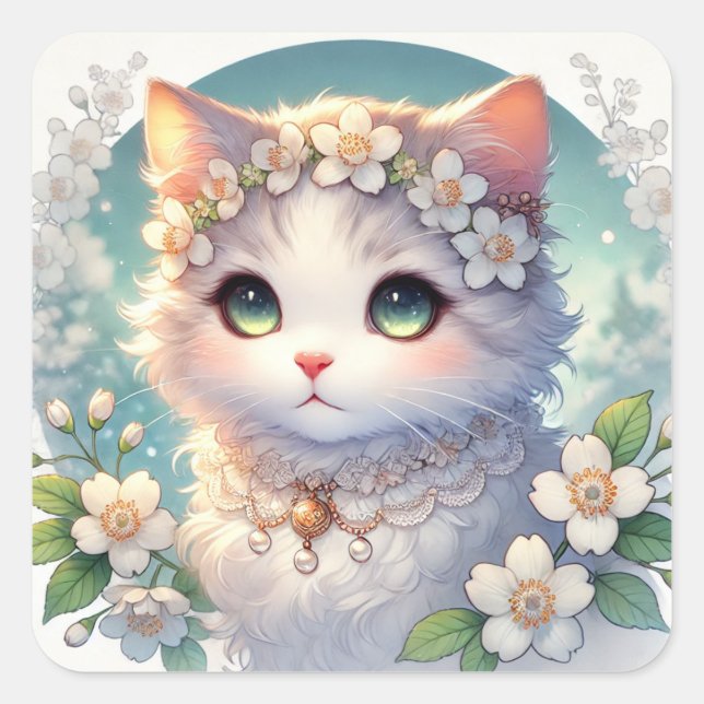 White Spring Flowers Princess Cat Square Sticker (Front)