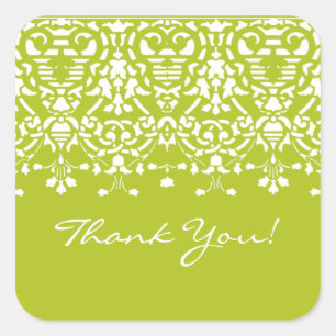 White & Spring Green Damask Thank You Sticker