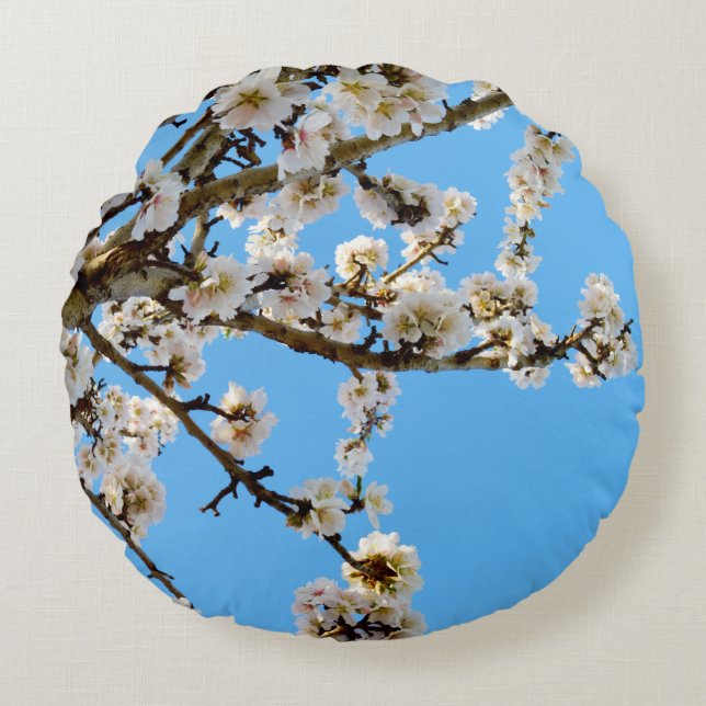 White Spring Love Blossoms, Round Cushion (Front)