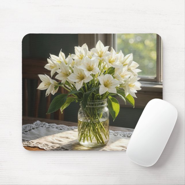 White Spring Trilliums Bouquet In Farmhouse Window Mouse Mat (With Mouse)